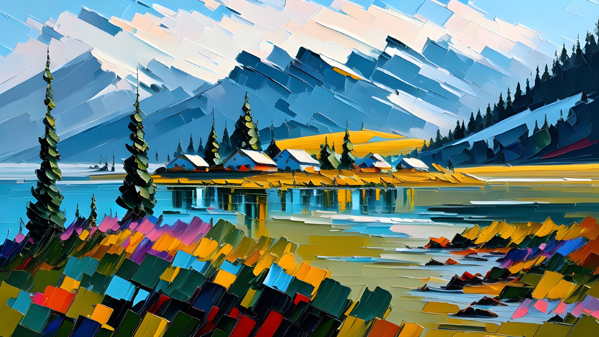 Colorful landscape painting of calm lake, village, mountains, and clear skies