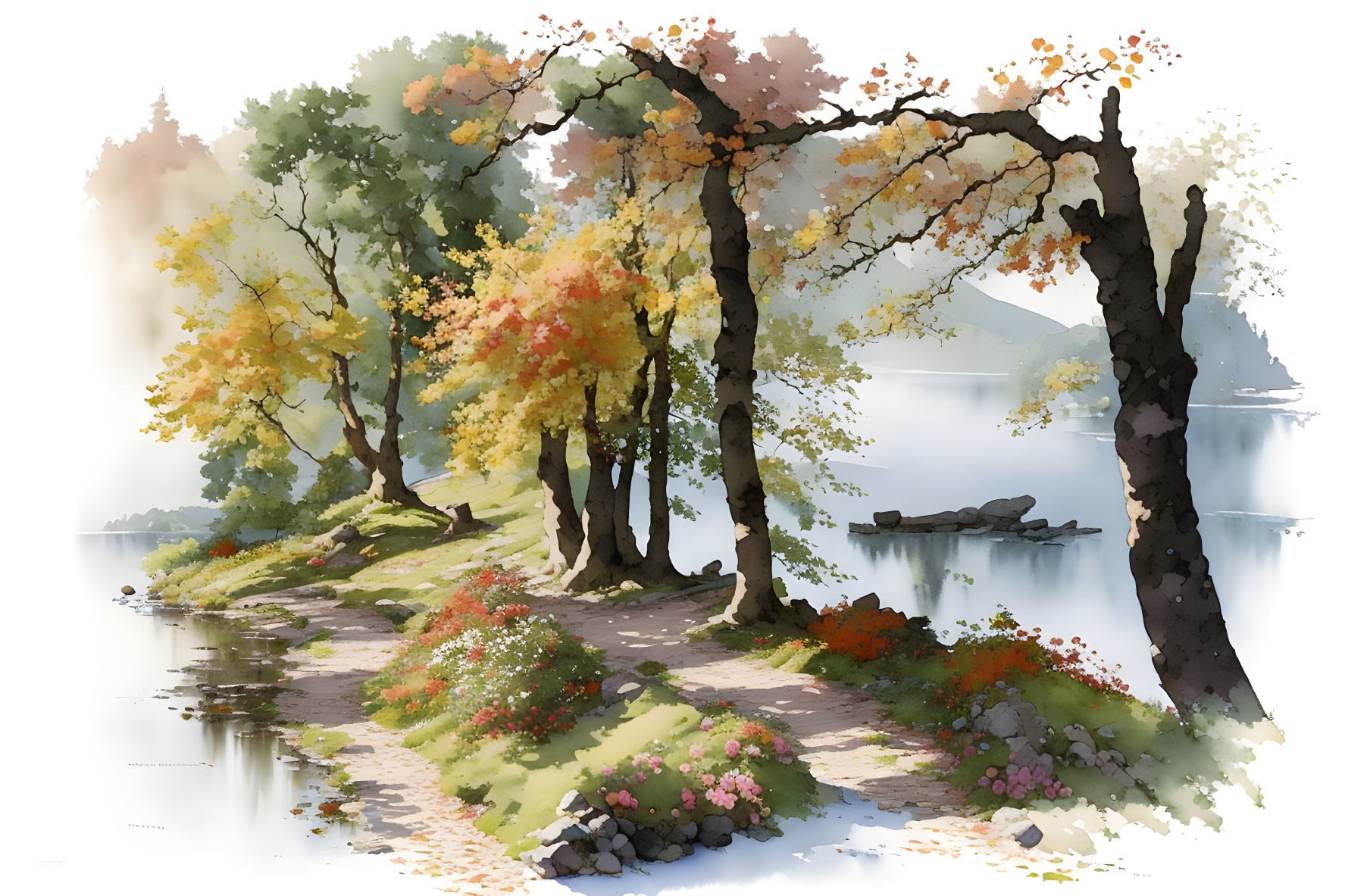 Tranquil lakeside path with autumn trees and pink flowers