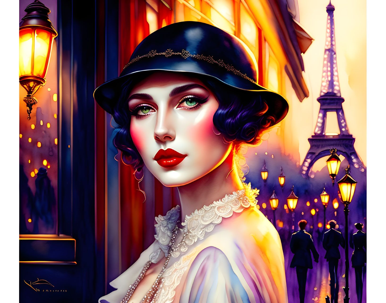 Stylish woman in cloche hat on colorful Paris street with Eiffel Tower