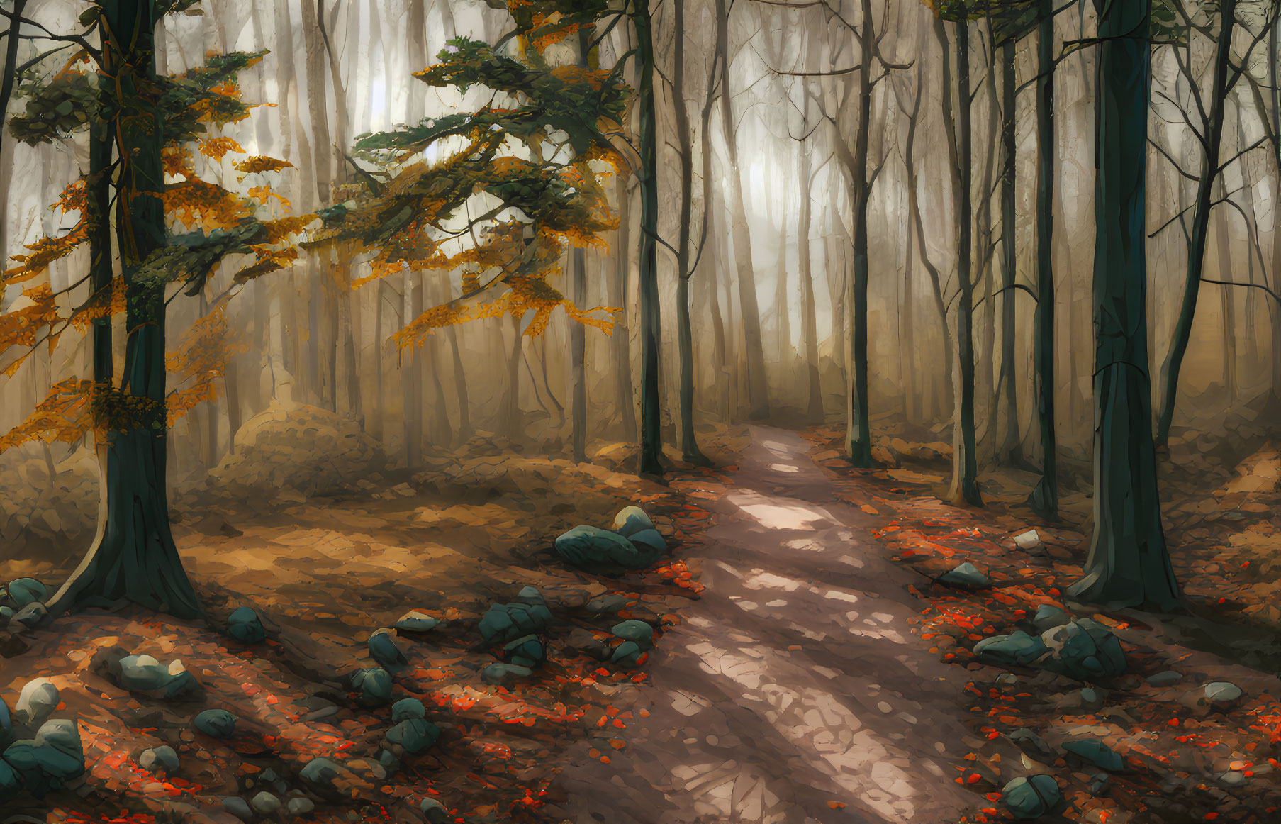 Tranquil forest path with autumn sunlight and foliage