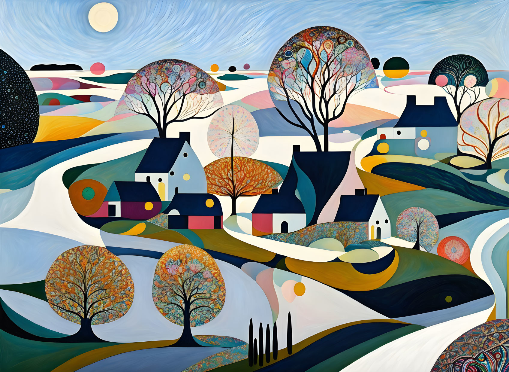 Vibrant landscape painting with hills, trees, village, and moon