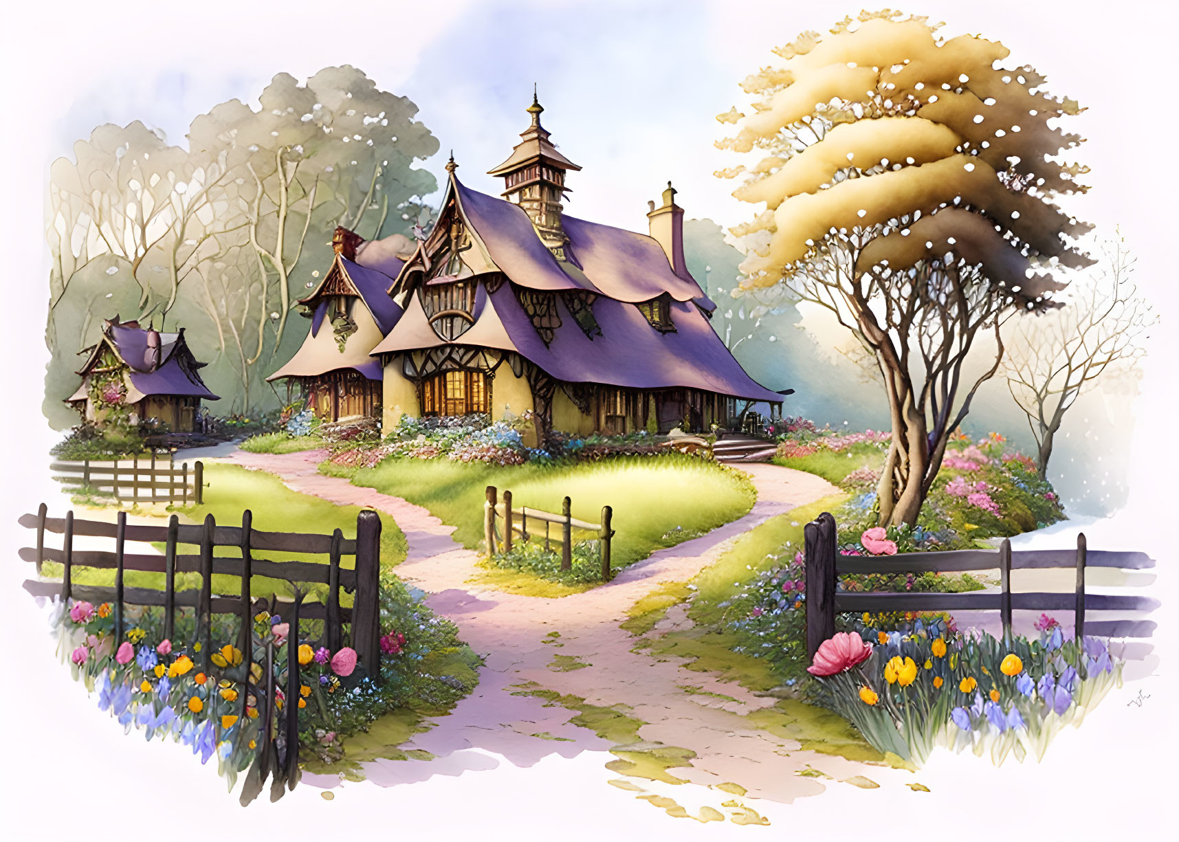 Illustration of Fairytale Cottage with Thatched Roof and Enchanting Forest Backdrop