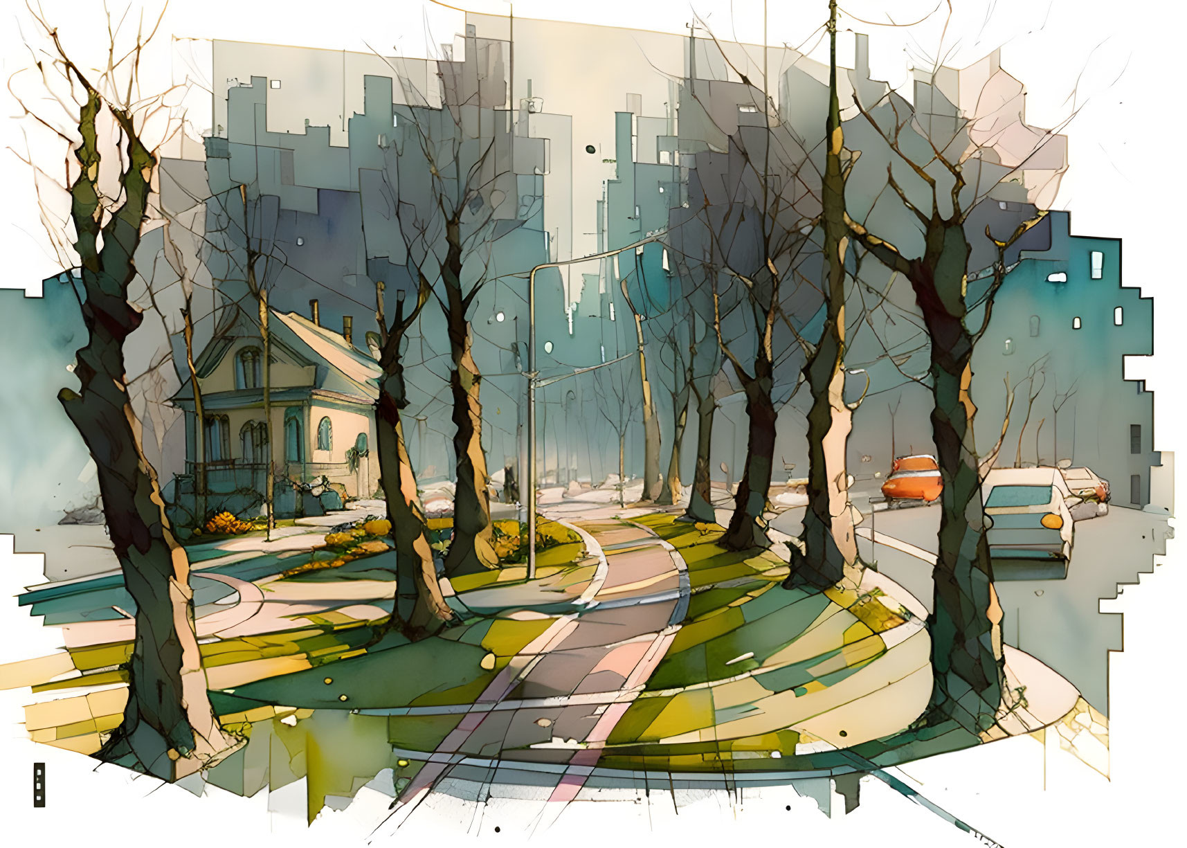 Sunlit city street with bare trees, classic house, and modern buildings.