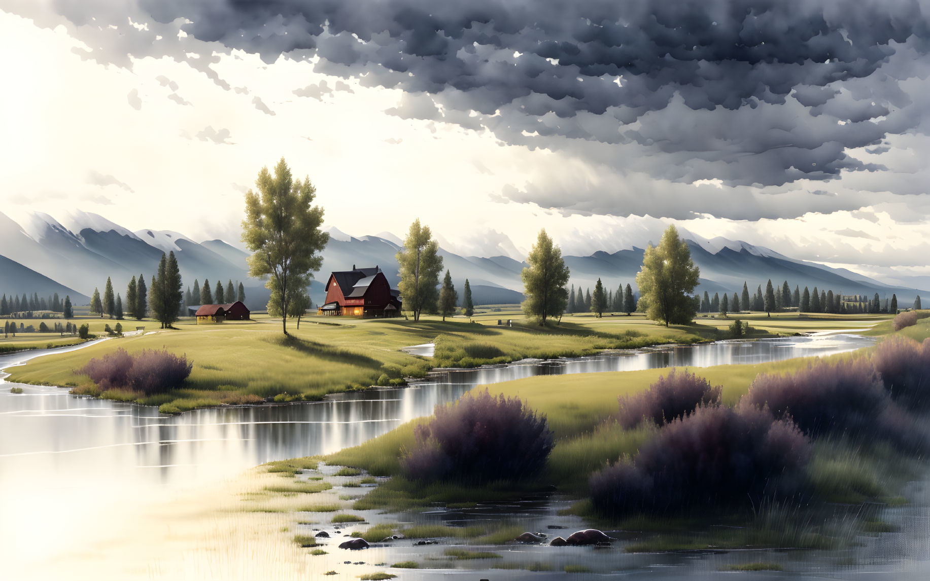 Tranquil landscape with river, wildflowers, trees, house, and cloudy skies