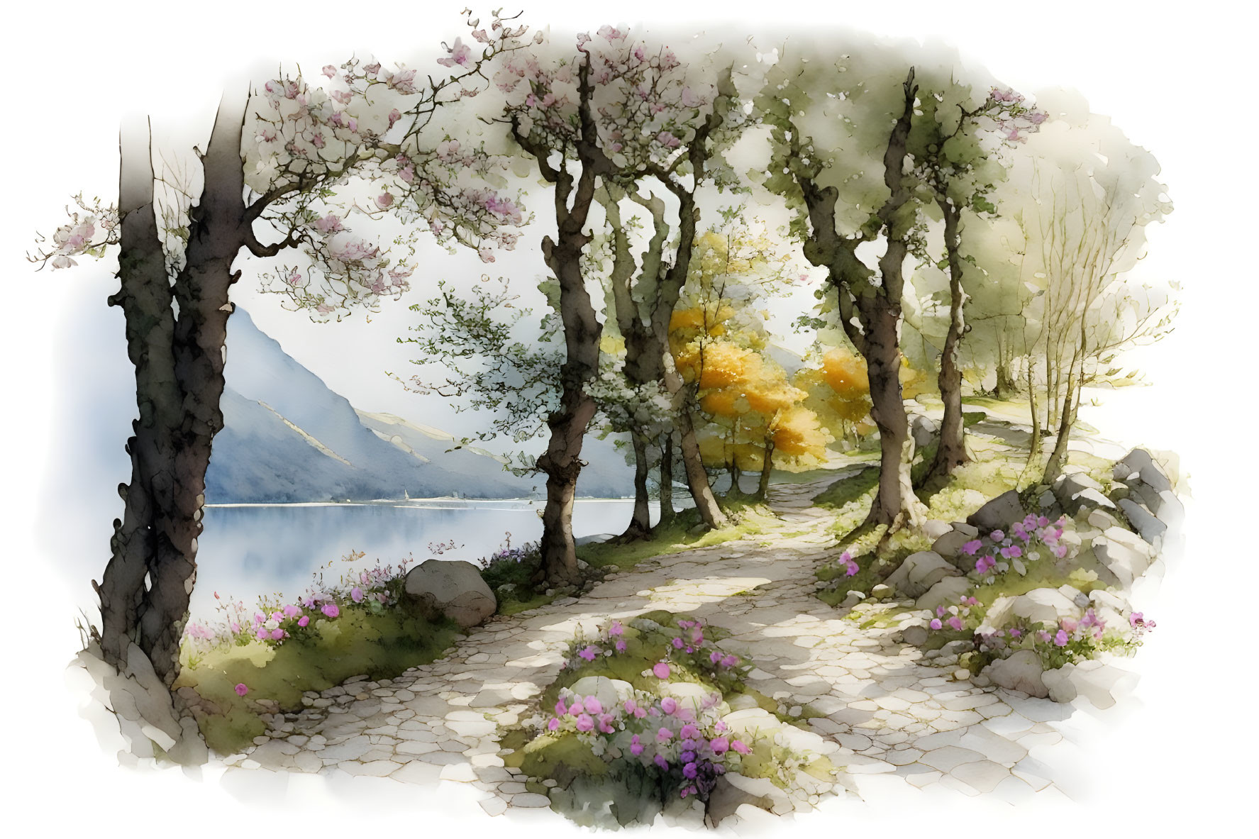 Scenic watercolor painting of lakeside path with blooming trees and mountains.