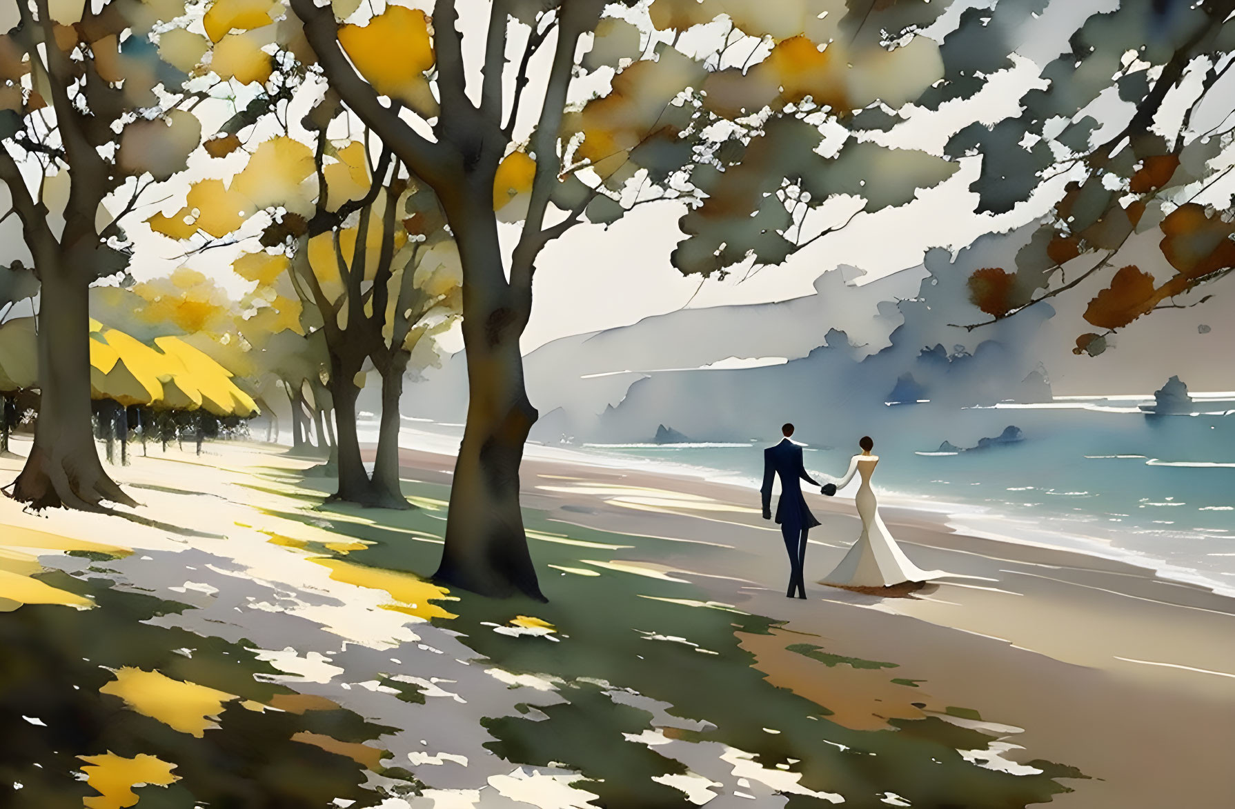 Autumn scene: Couple strolls by tranquil lake under golden trees.