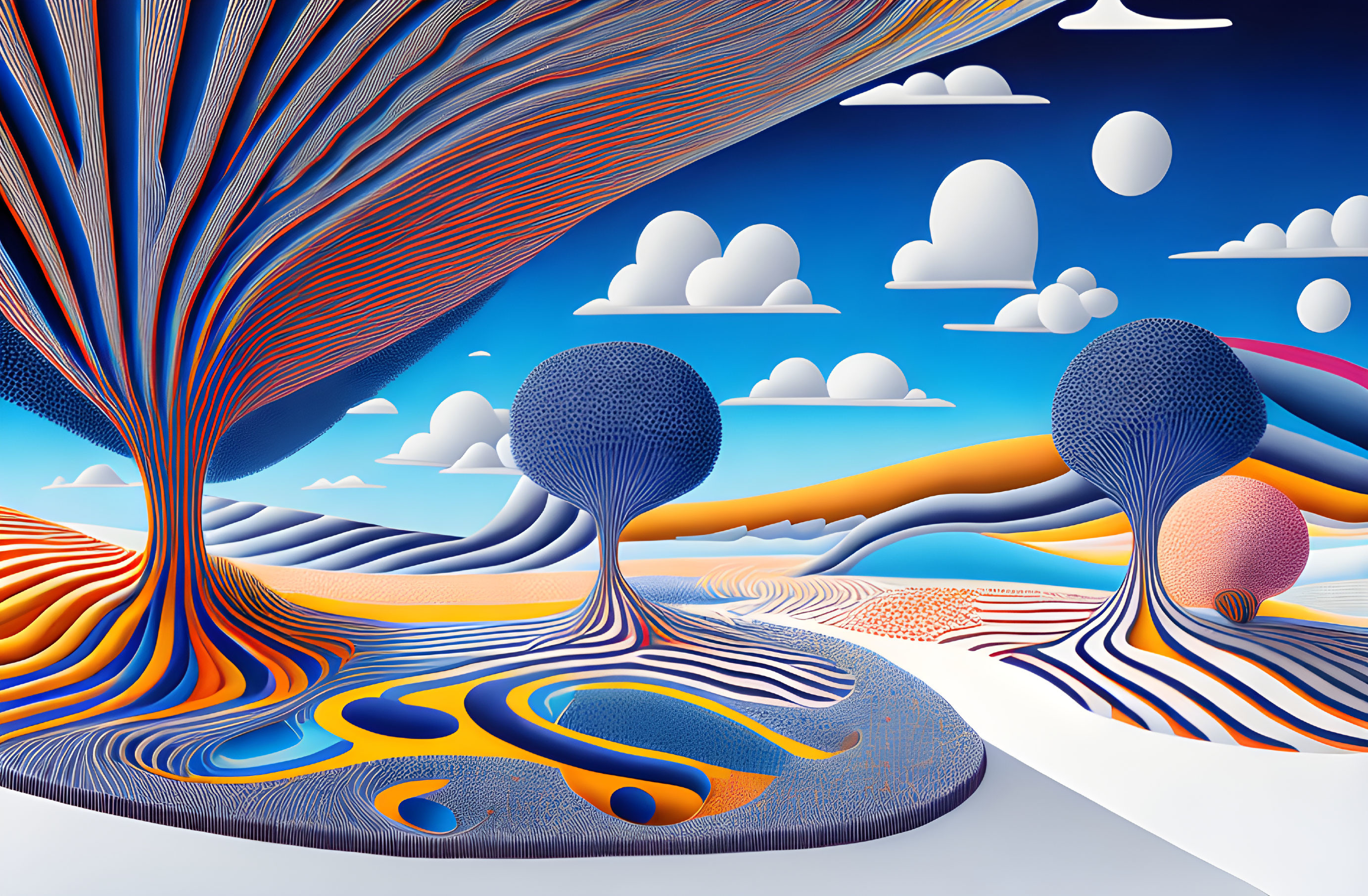 Vibrant surreal landscape with flowing striped structures and stylized clouds