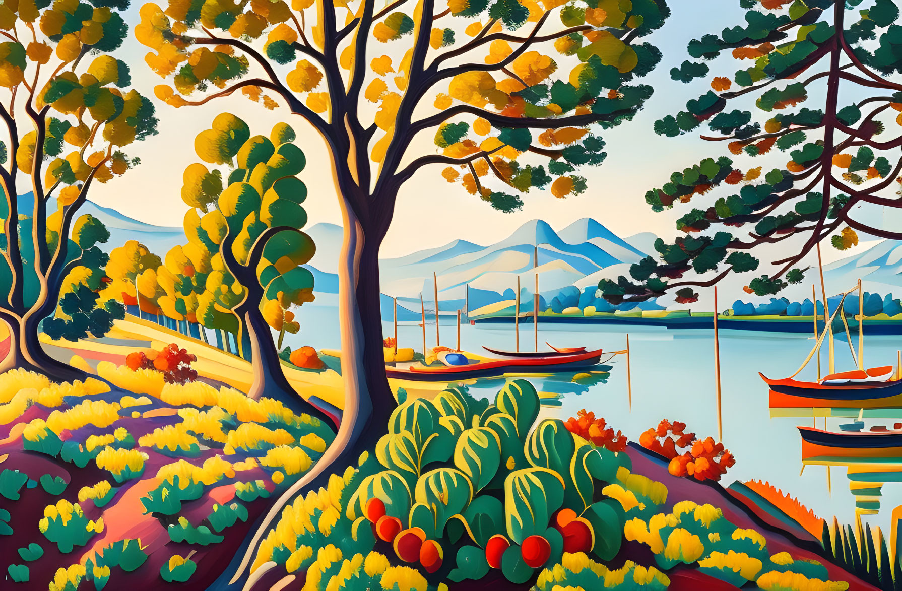 Colorful landscape with trees, lake, boats, and mountains in autumn scenery