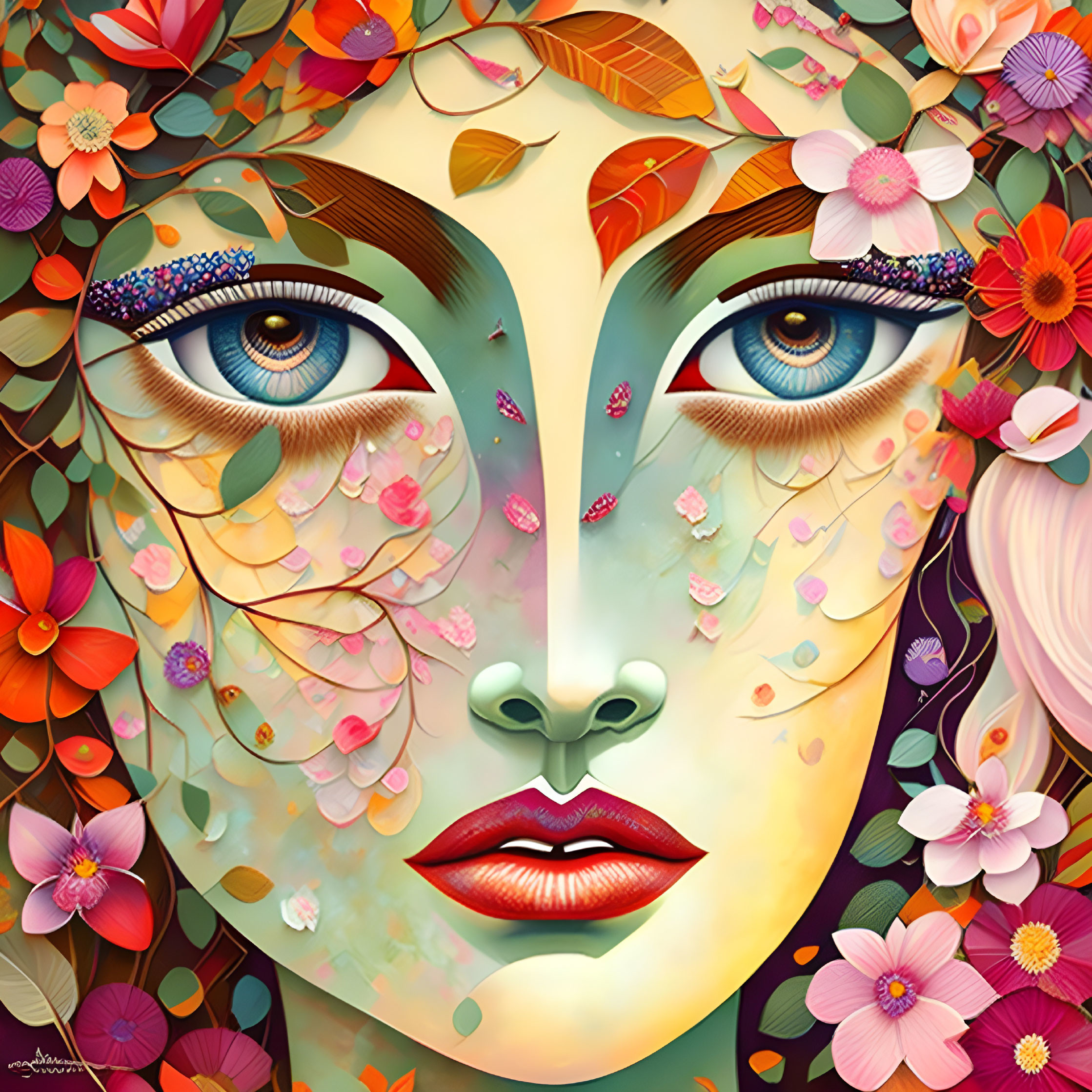 Woman's Face with Floral Motifs and Leaves: Blue Eyes, Red Lips