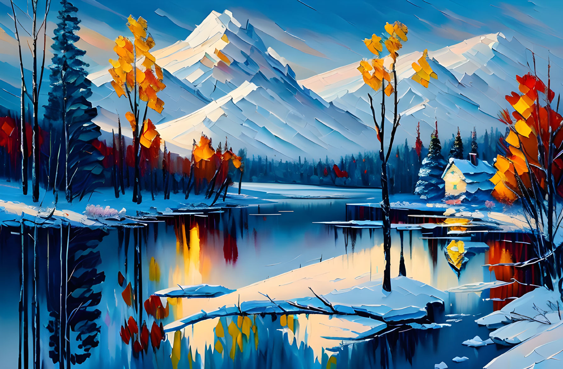 Snowy landscape with cabin, lake, autumn trees, and mountains.