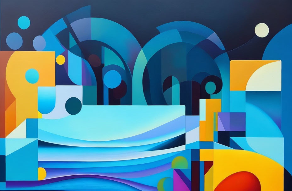 Colorful Abstract Geometric Painting with Blue, Yellow, and Orange Shapes