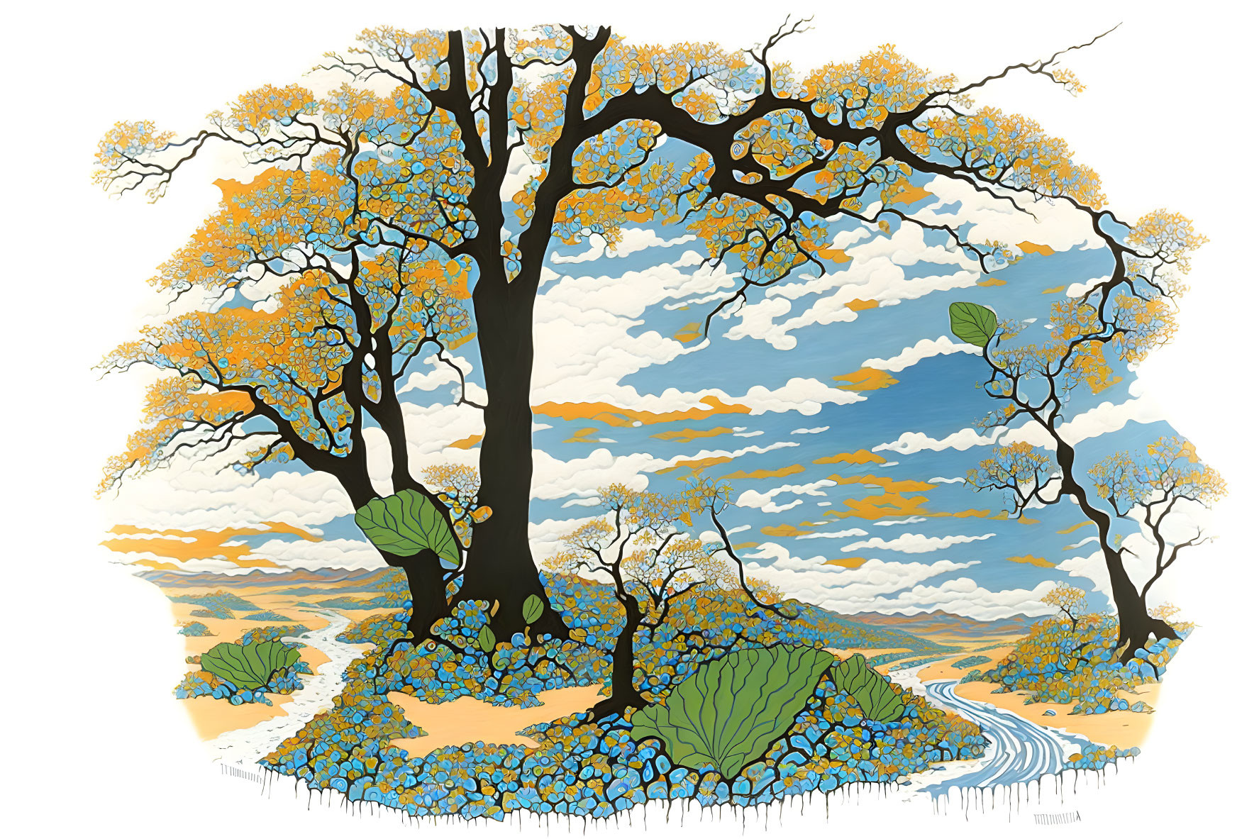 Illustration of stylized landscape with yellow-leafed trees, winding path, and blue sky.