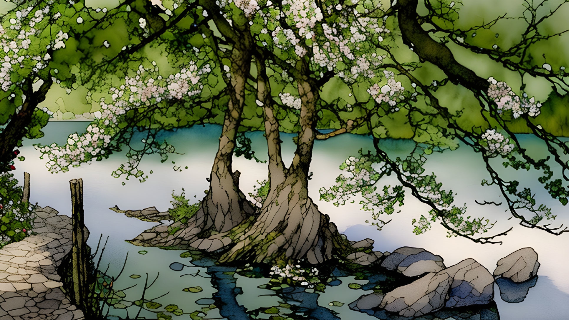 Illustration of blossoming tree by tranquil stream with stepping stones and cobblestone pathway in lush green