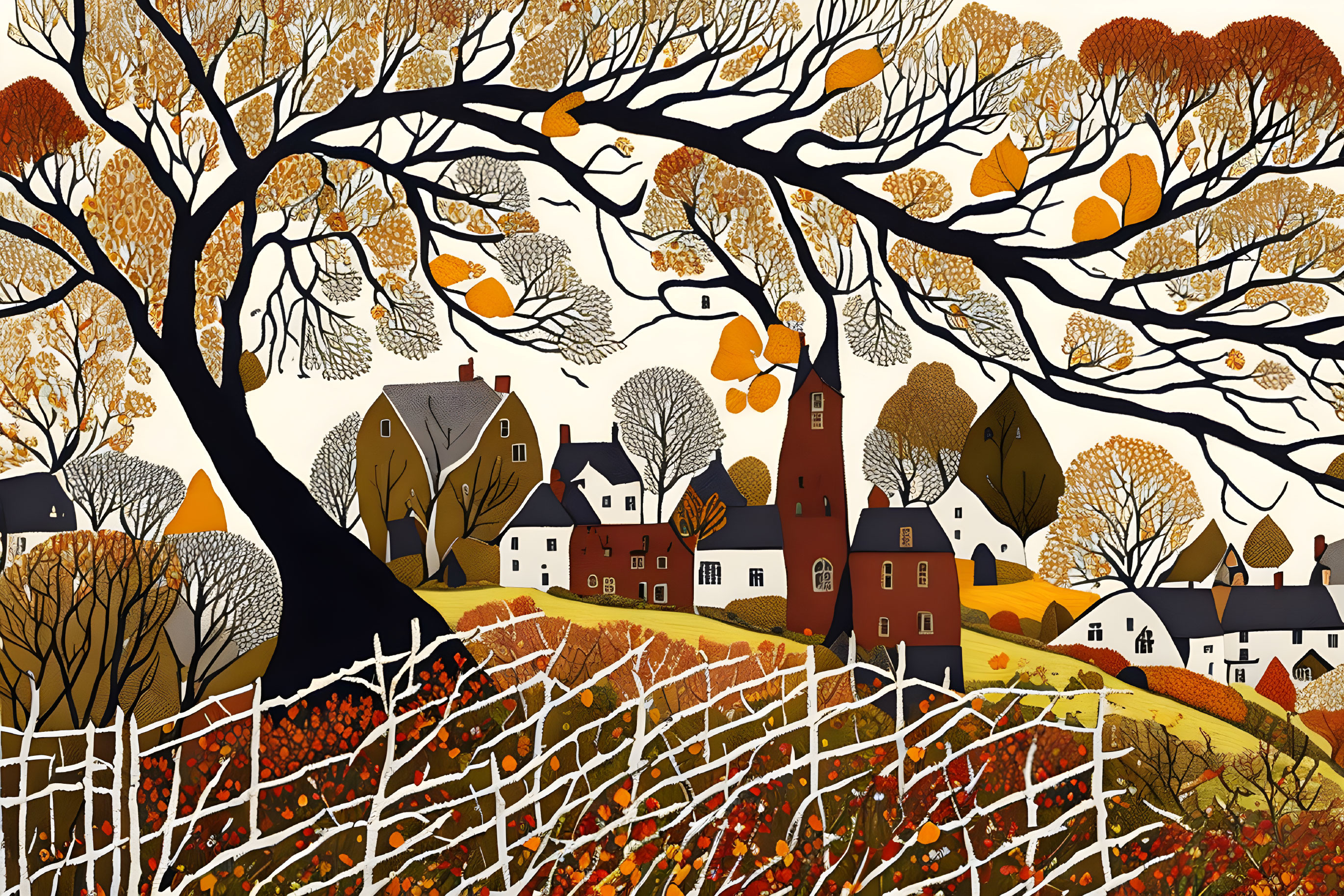 Colorful Autumn Village Illustration with Church and Trees