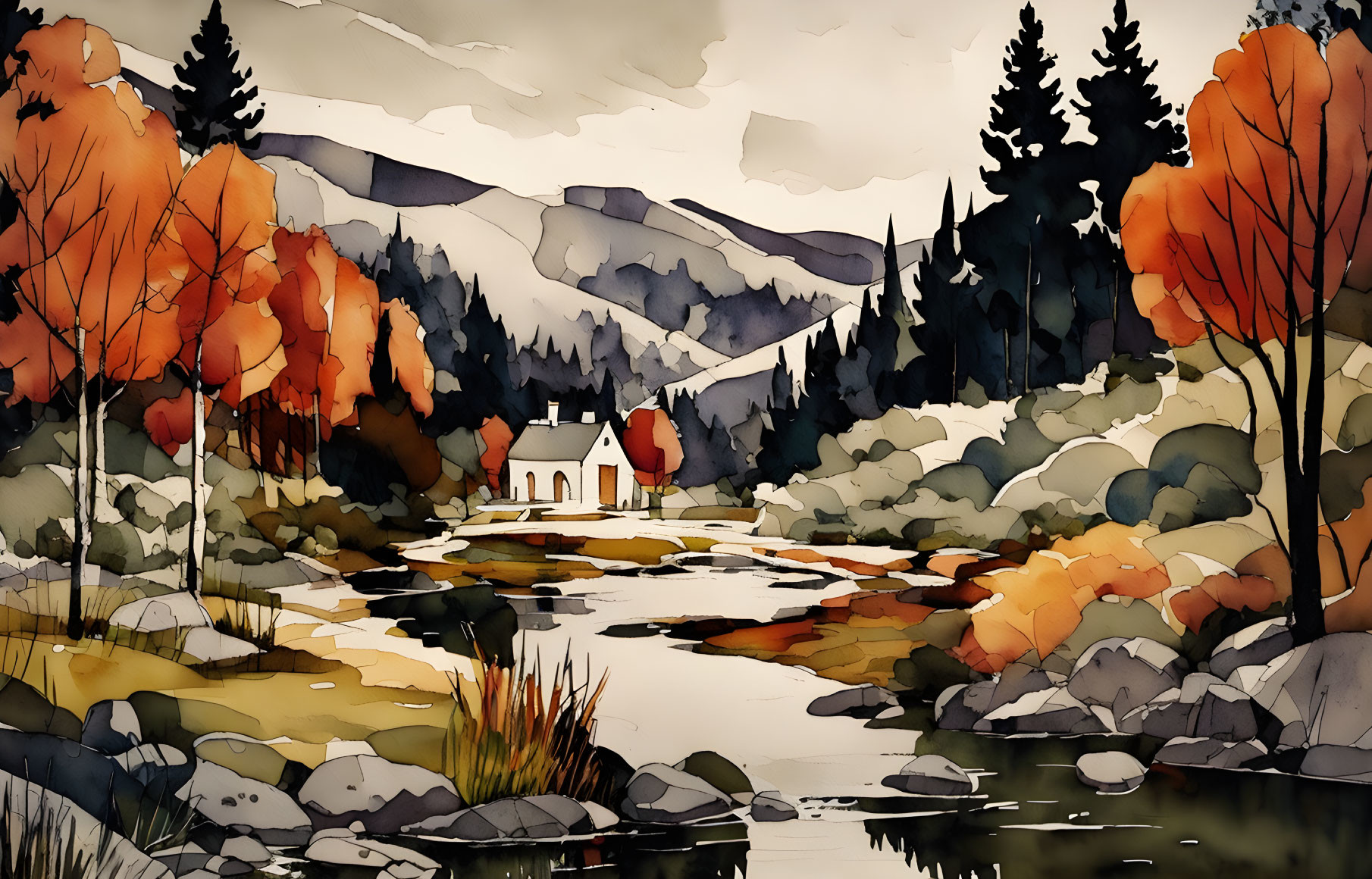 Tranquil river with autumn trees, rocks, small house, mountains, cloudy sky