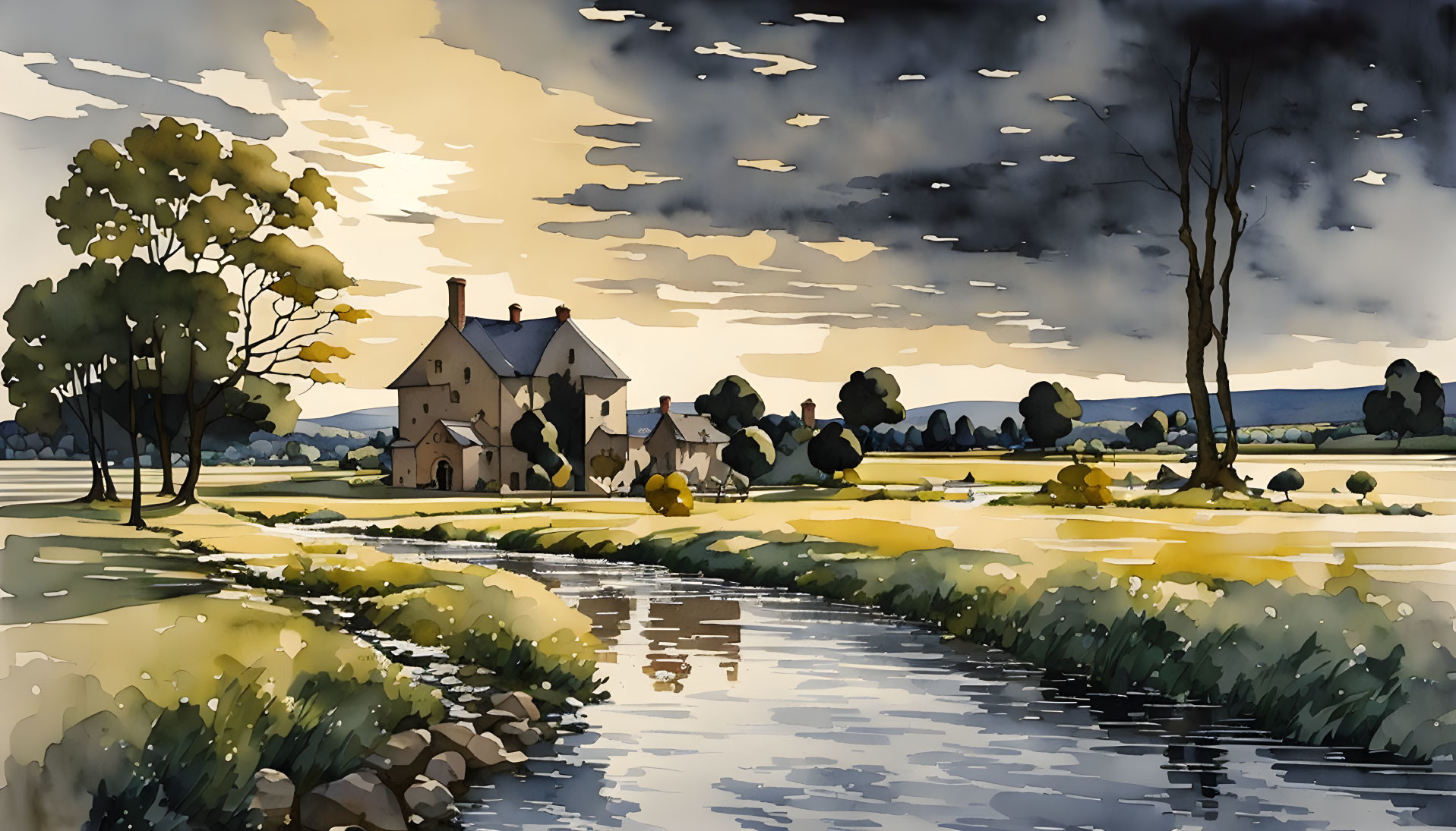 Tranquil watercolor landscape of countryside house by river at dusk