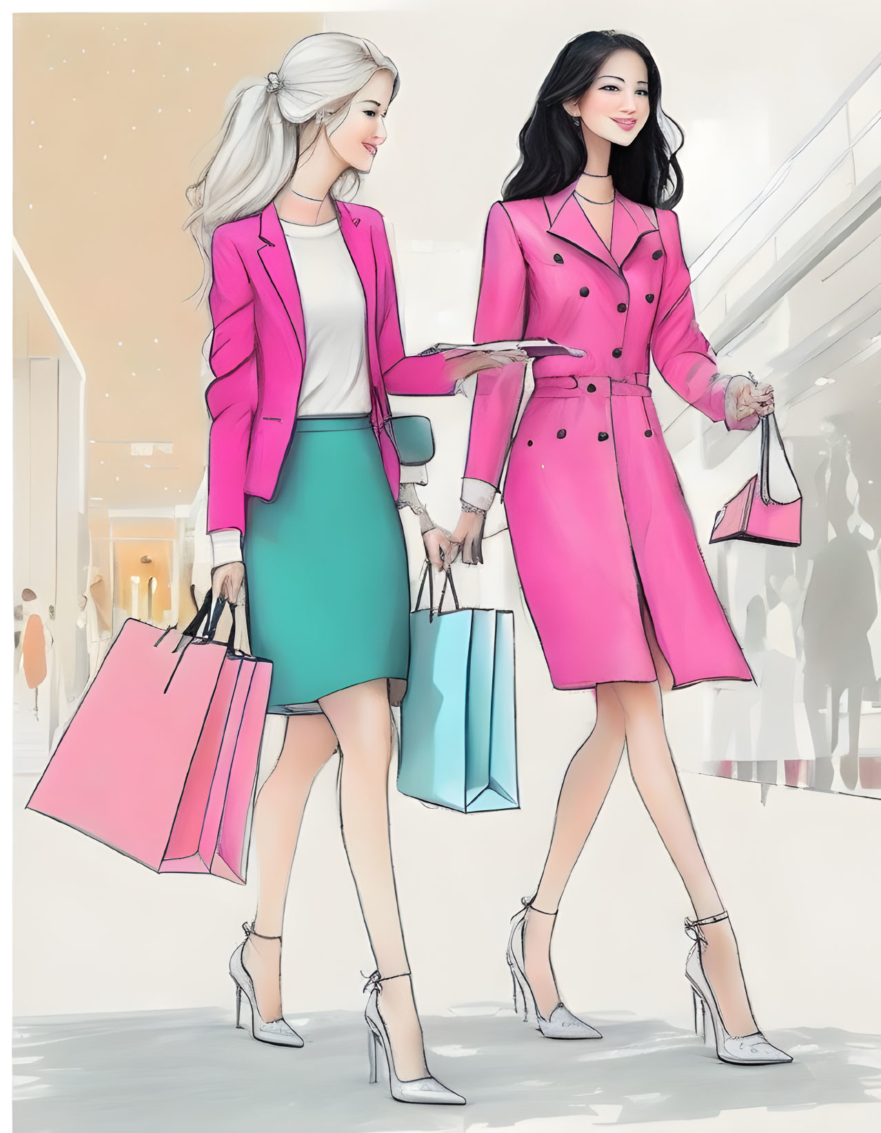 Illustration of two stylish women shopping in mall, one in pink coat and other in green skirt.