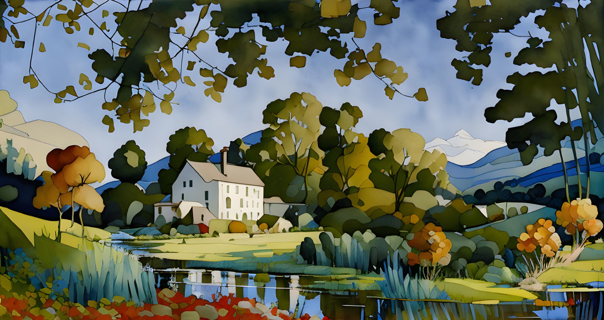 Vibrant autumn landscape with white house by reflective lake