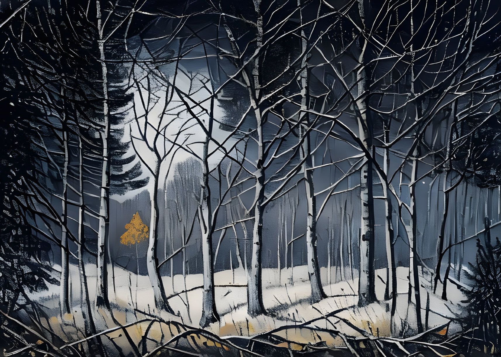 Monochrome winter forest with bare trees, snow, and golden leaf