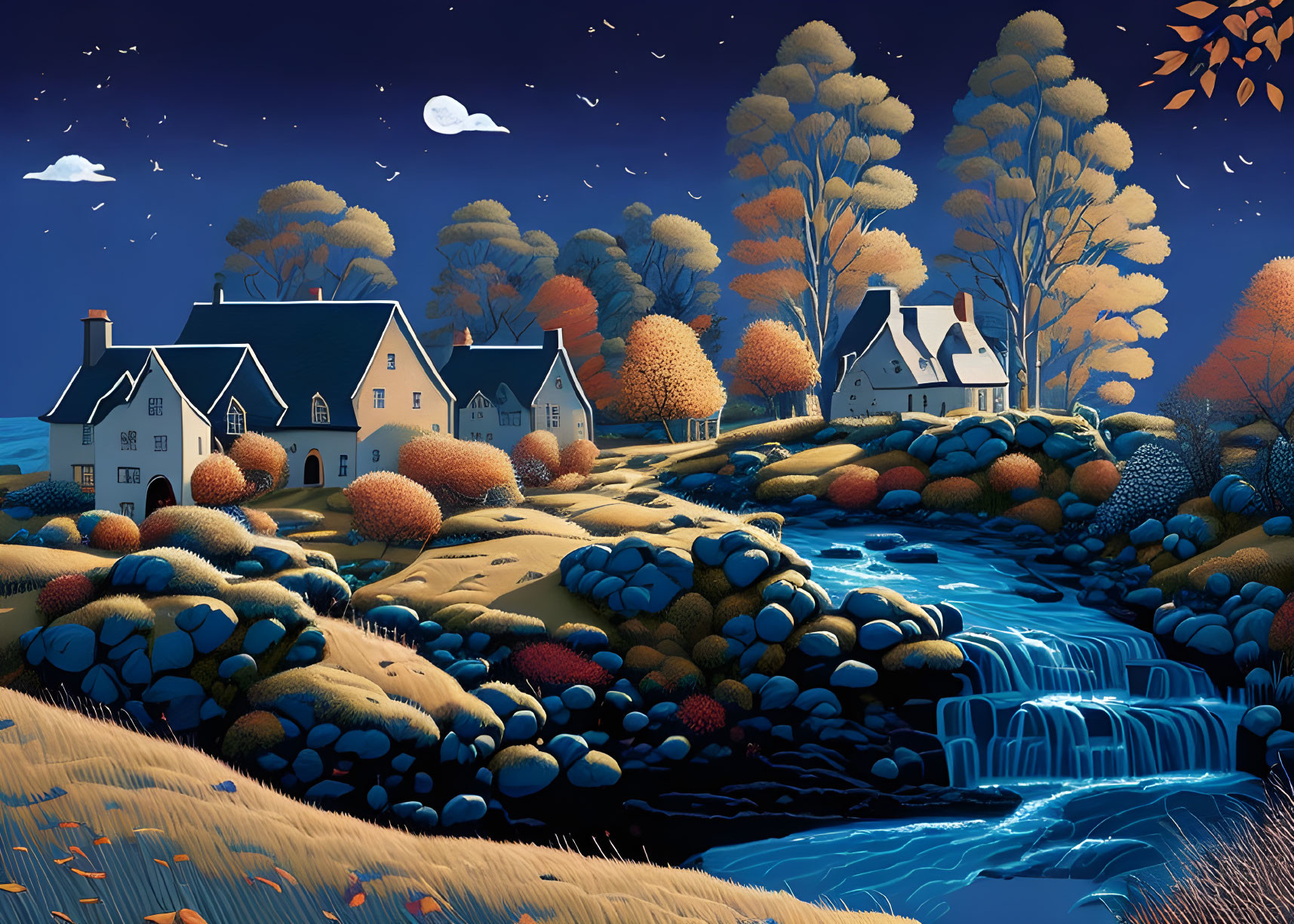 Autumn houses by blue river, golden trees, night sky.