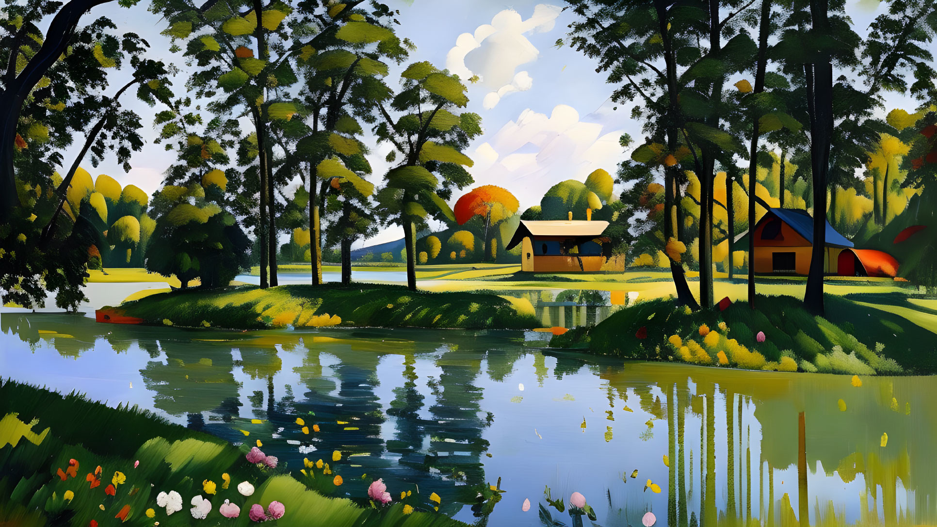 Serene lake landscape with lush trees, house, and flowers