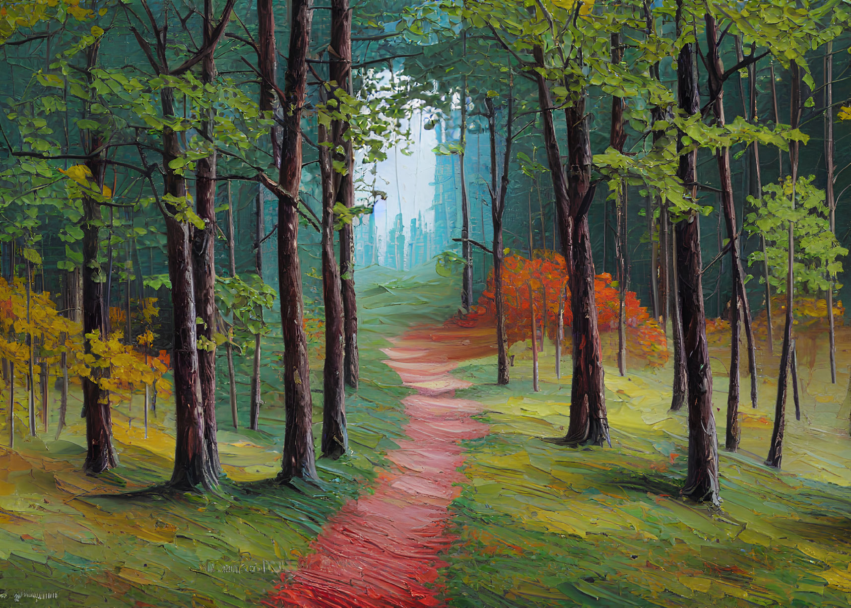 Forest Path Painting with Lush Green Trees and Autumn Colors