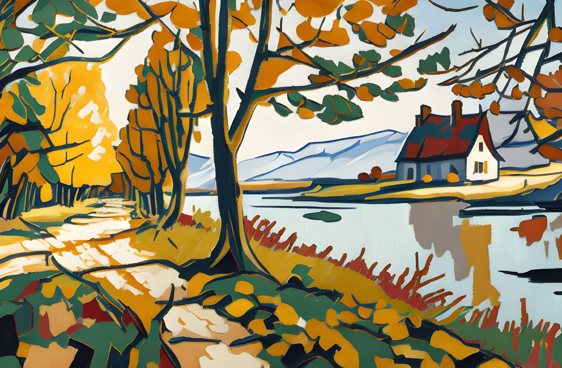 Colorful autumn landscape with serene lake and quaint house