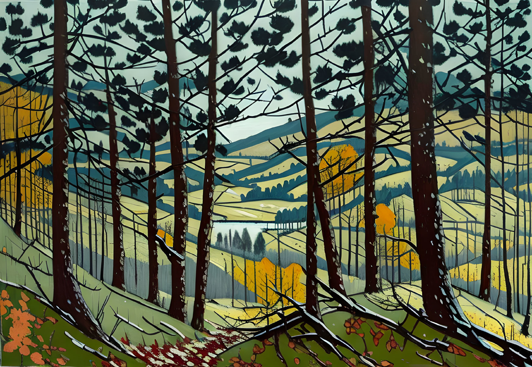 Forest landscape painting with slender trees and black foliage on yellow-green hills under a cloudy sky