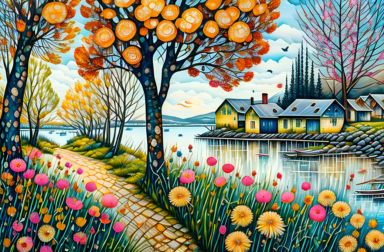 Colorful Stylized Artwork of Lakeside Village with Floral Trees