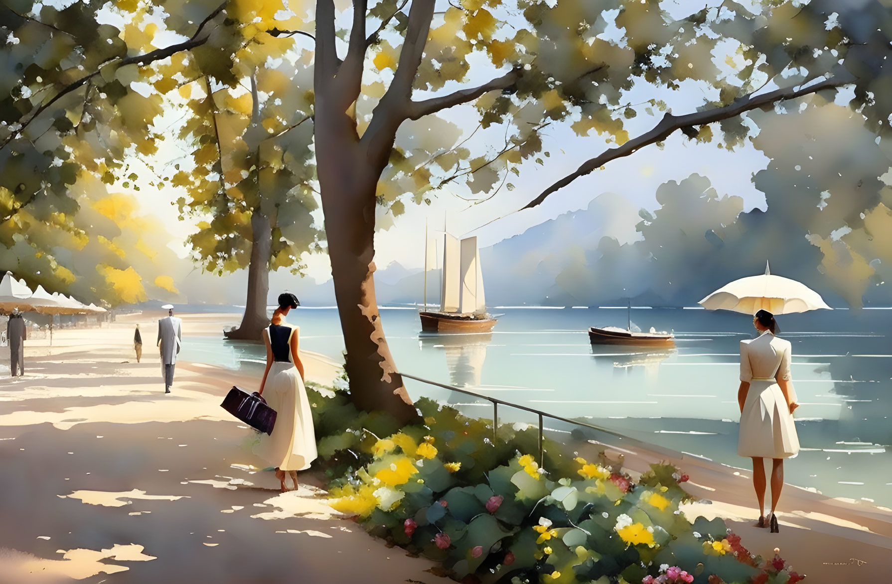 Tranquil lakeside view with women, sailboats, and sunlight