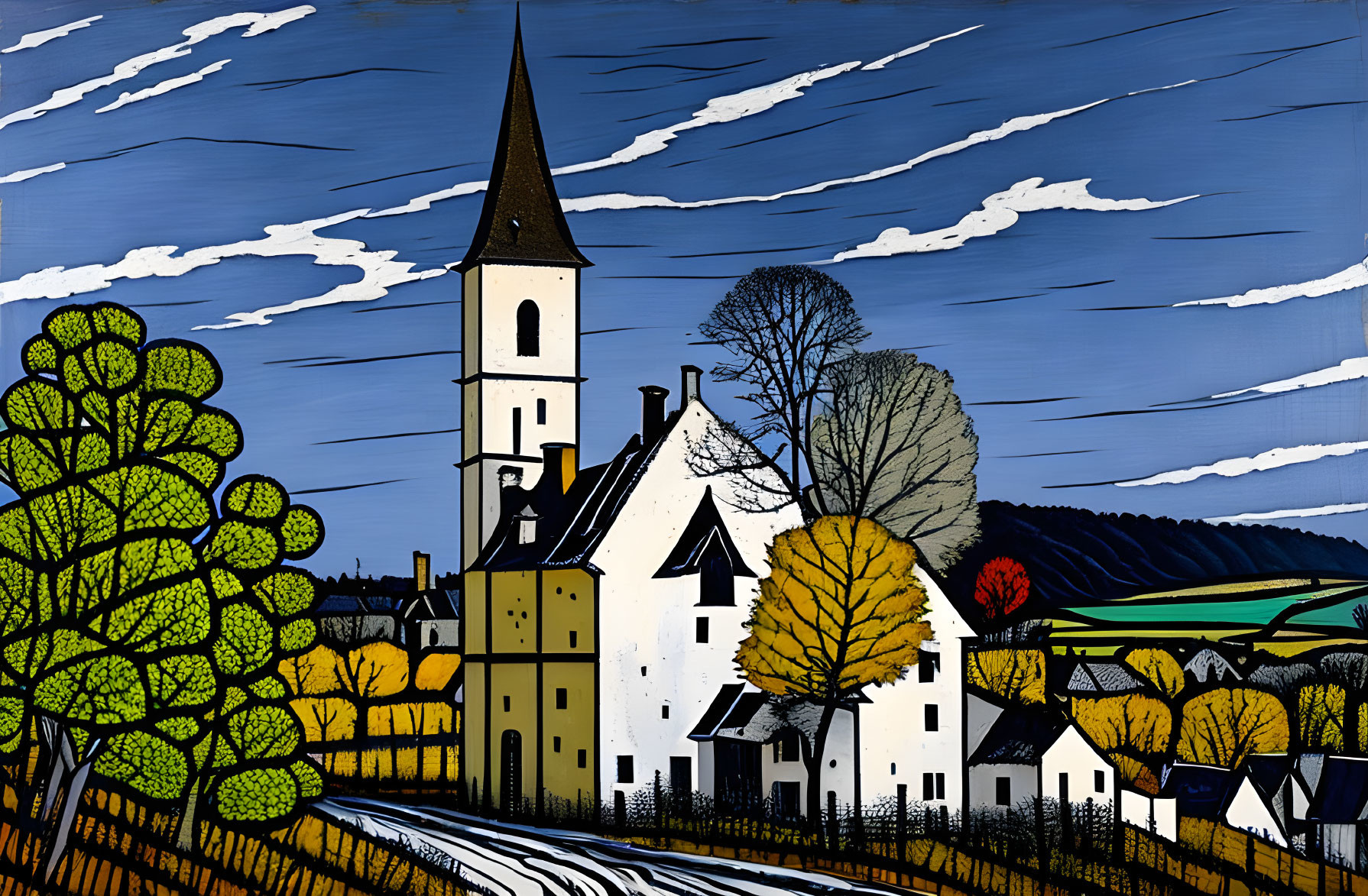 Village painting with church tower, autumn trees, and patterned sky