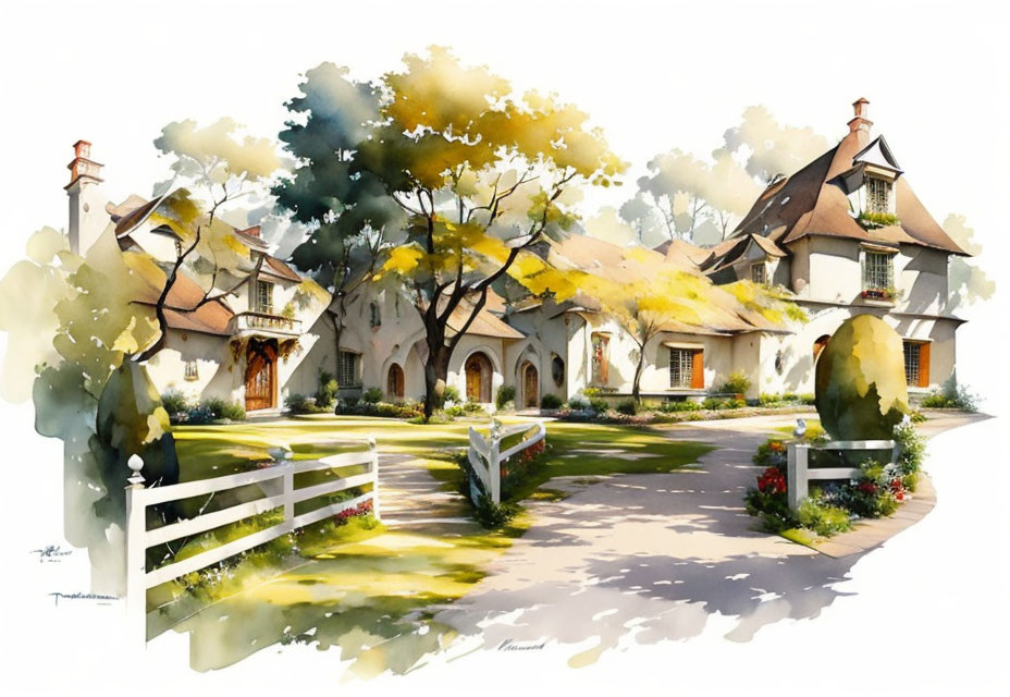 Watercolor painting of picturesque cottage with gardens, fence, and sunlight.