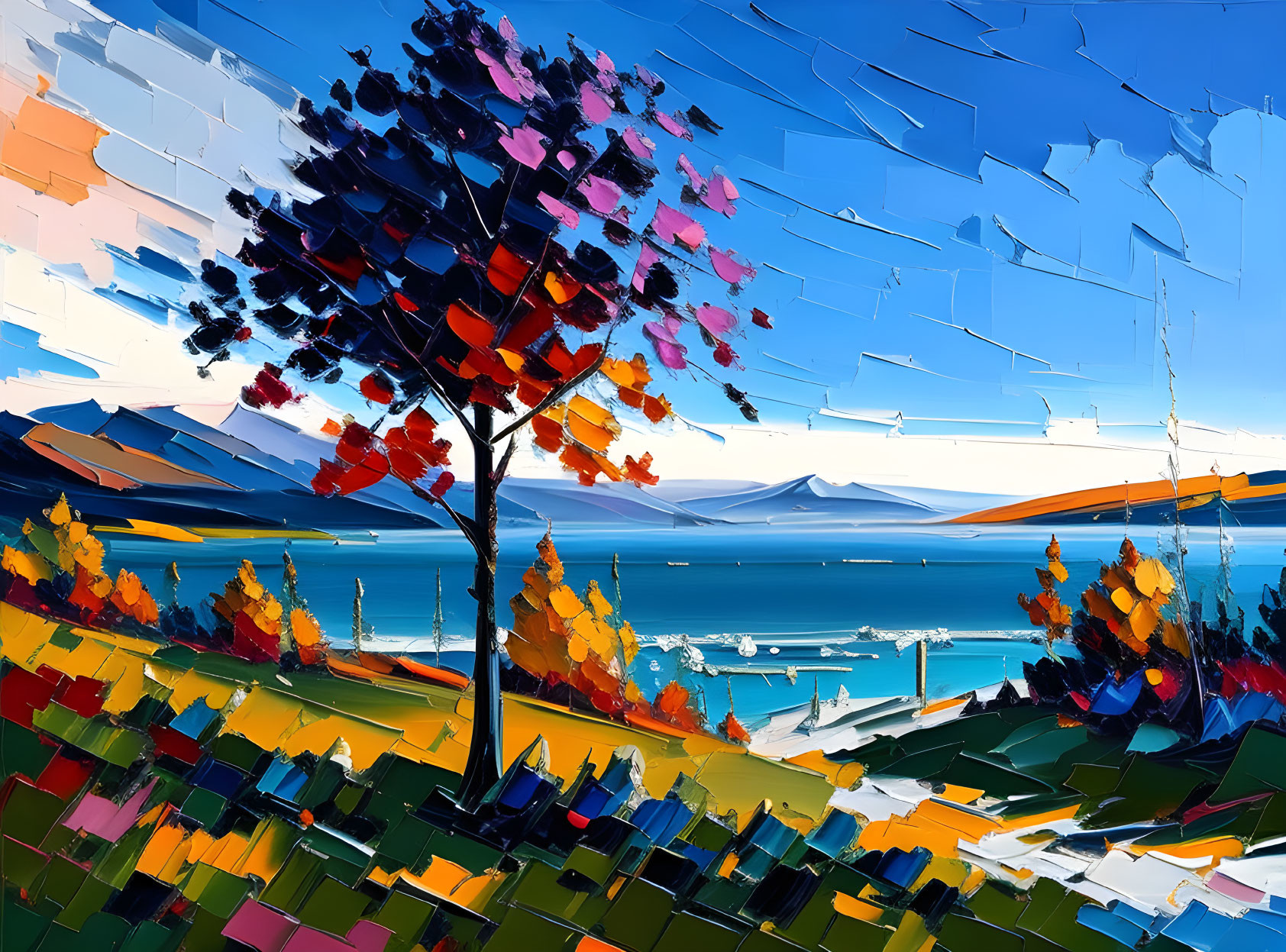 Vibrant Abstract Landscape Painting with Tree, Hills, Lake, and Mountains