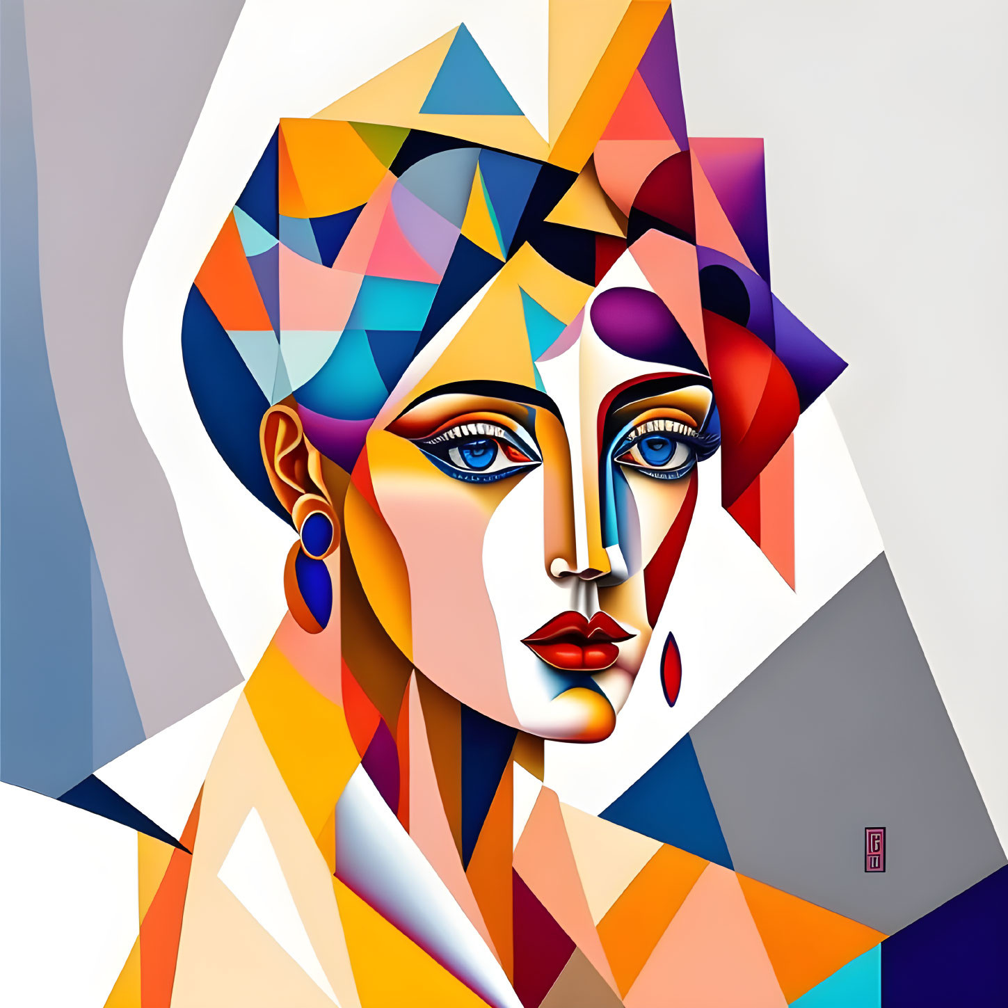 Vibrant geometric portrait of a woman with blue eyes