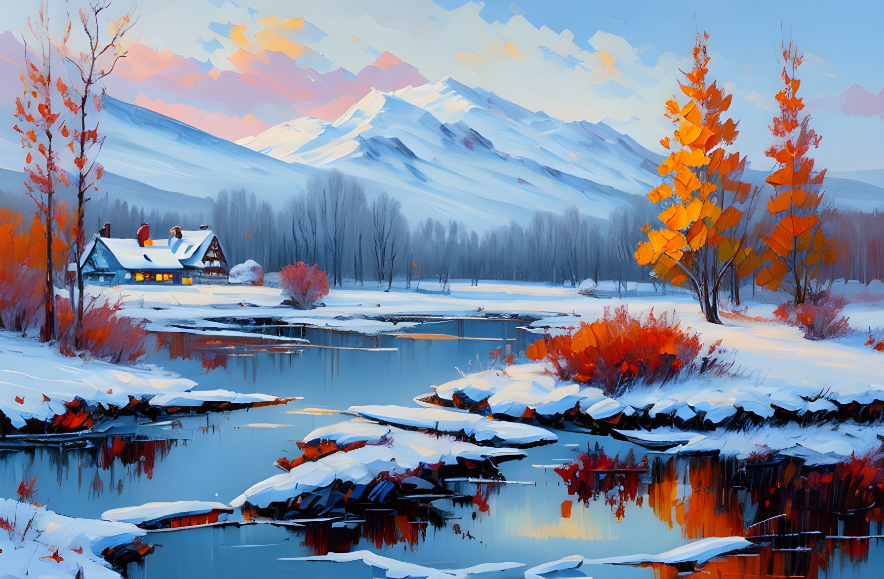 Tranquil winter landscape with cozy cottage, orange trees, river, and snowy mountains at sunset