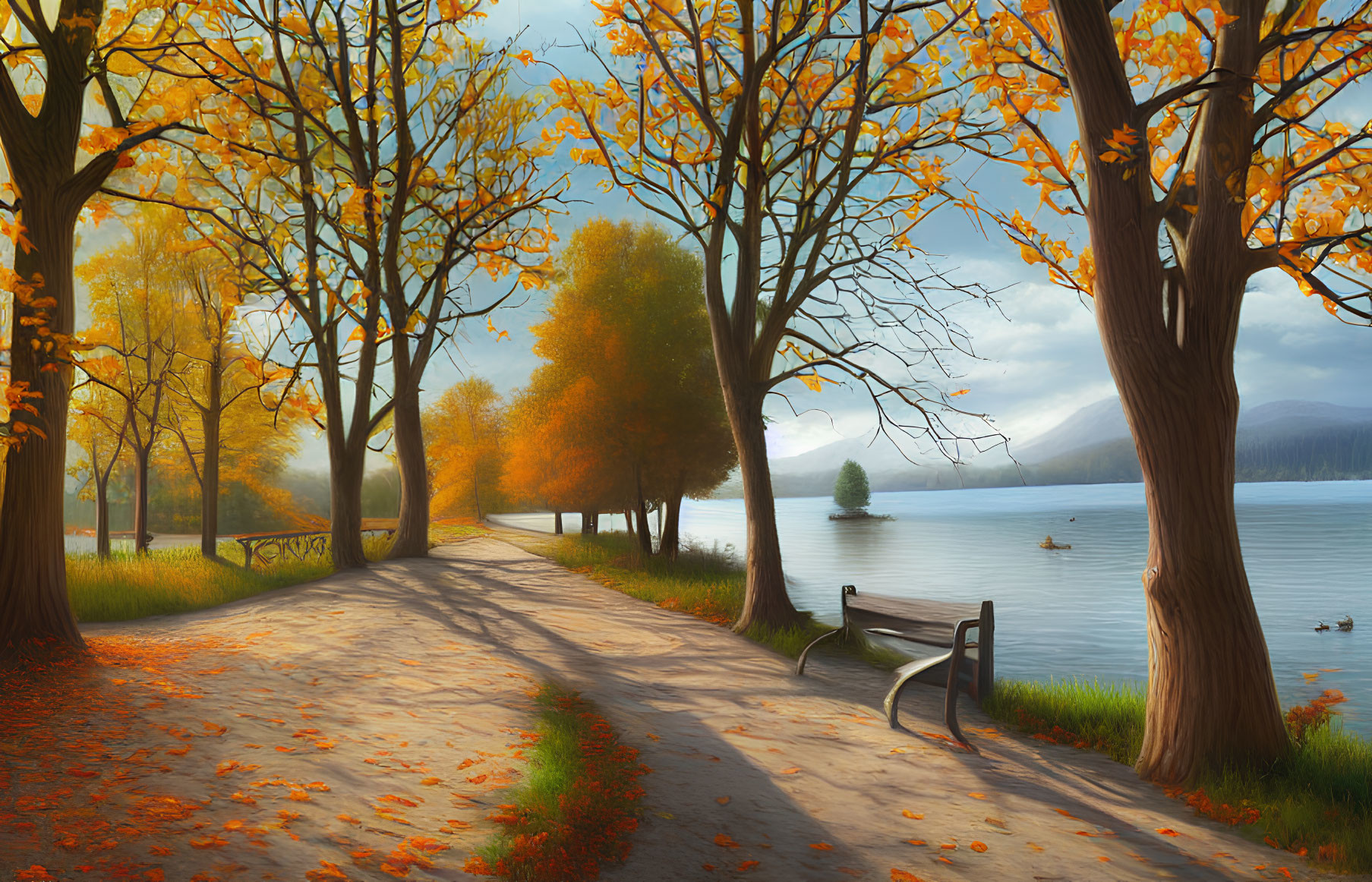 Tranquil autumn park with golden trees, lake, bench, fallen leaves, mountains