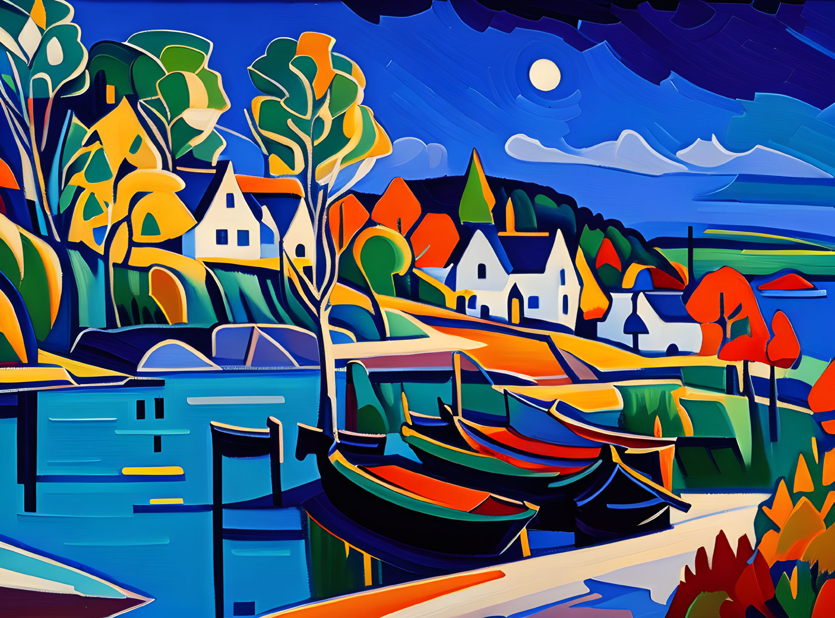 Colorful coastal village painting with boats, houses, and moonlit sky