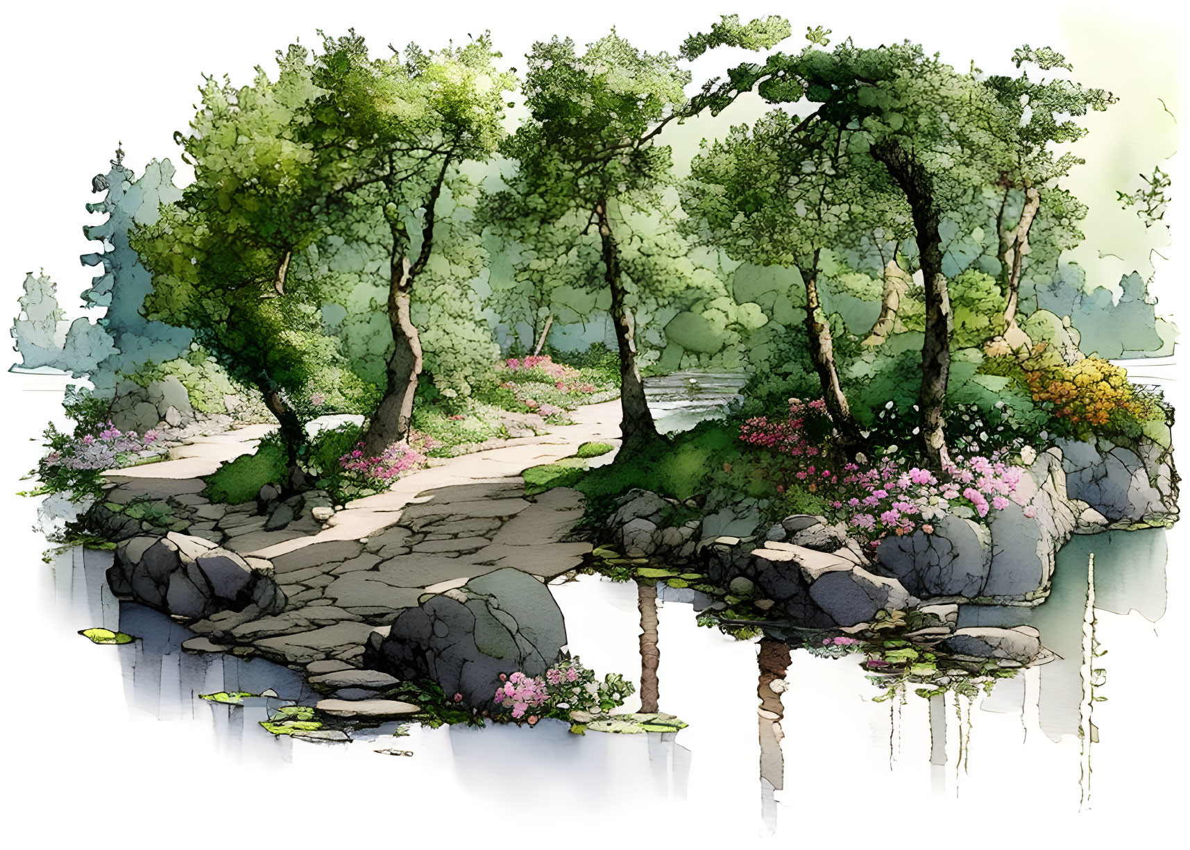 Tranquil watercolor park scene with lush trees, stone path, flowers, and serene pond