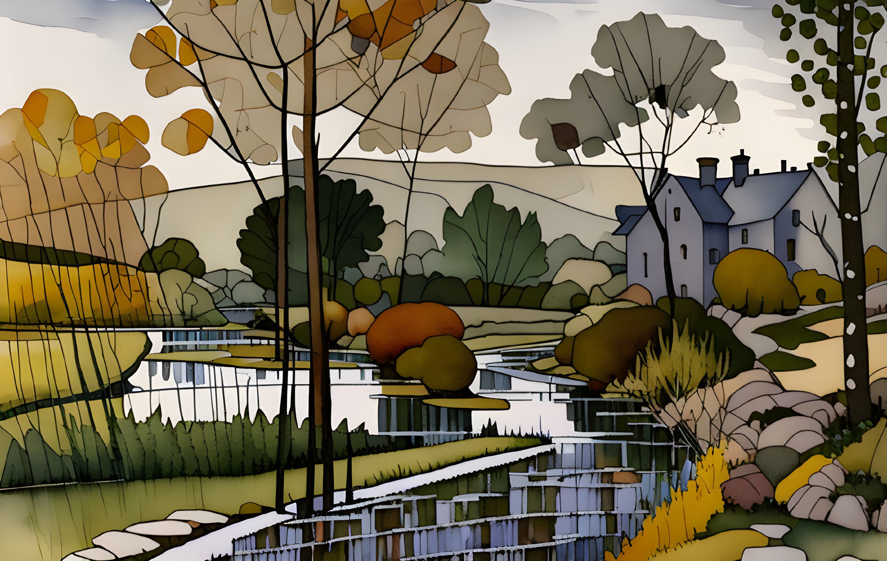 Serene landscape with trees, house, and river in stained-glass style