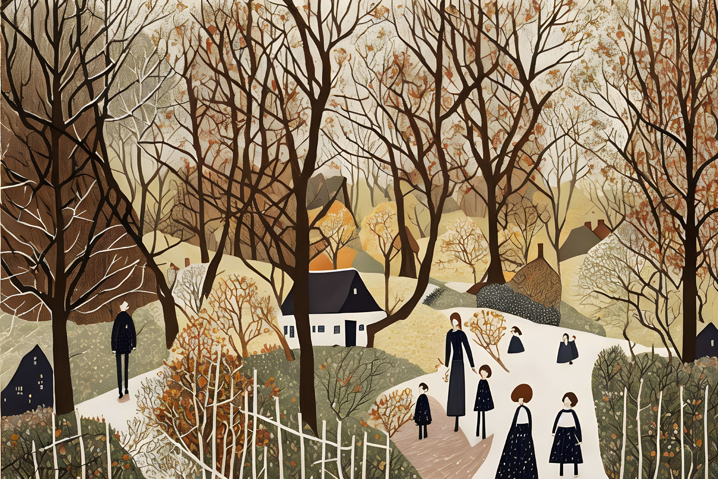 Autumn-themed illustration featuring people, bare trees, village, and fallen leaves