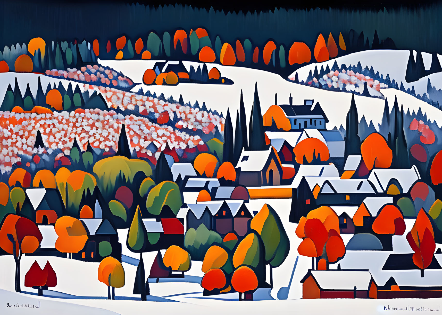 Colorful autumn village painting with vibrant trees and snow-capped hills