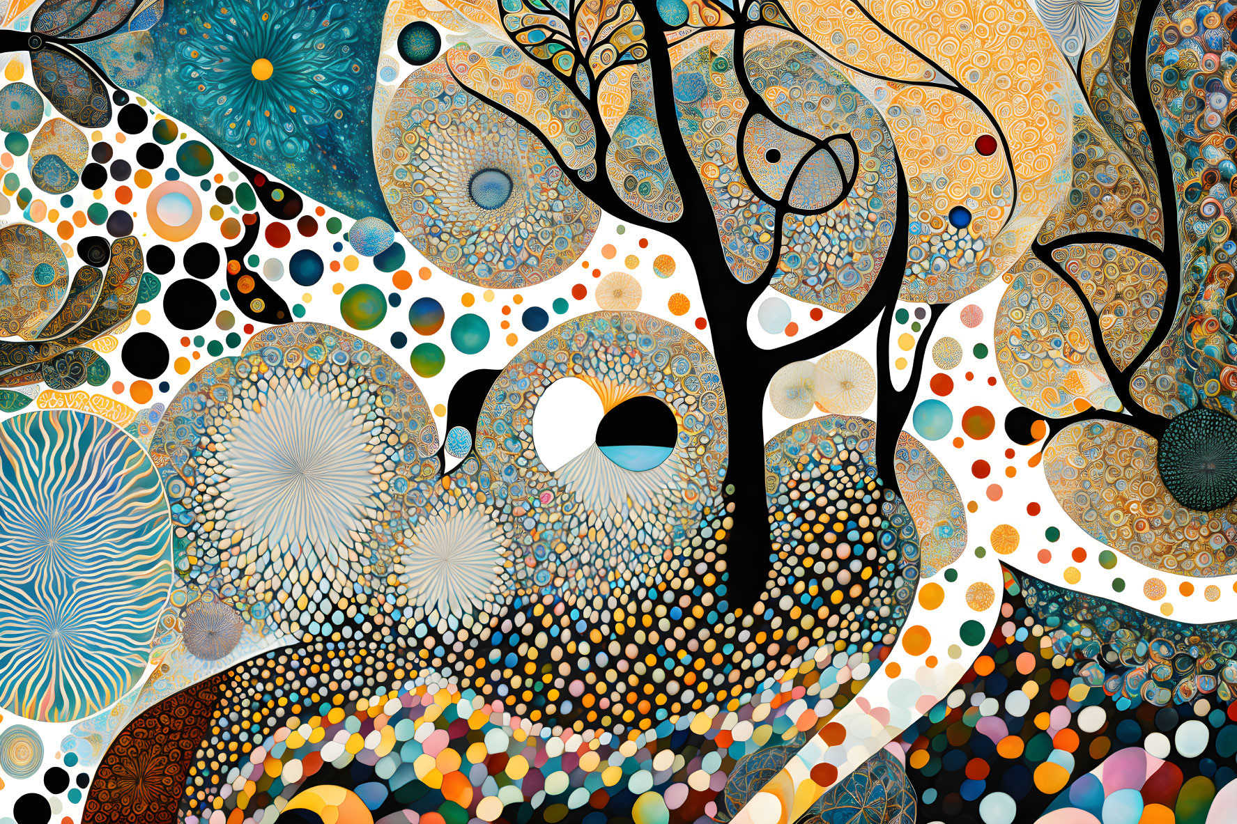 Colorful Abstract Art with Swirling Patterns and Tree-Like Structures