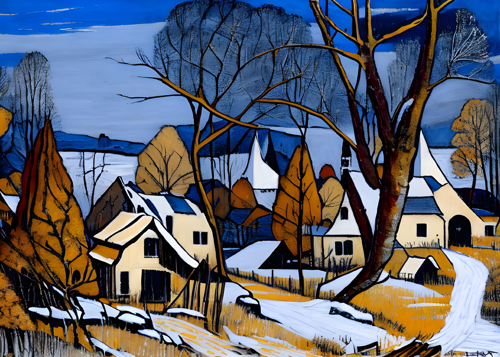 Winter village scene painting: snow-covered roofs, bare trees, blue sky