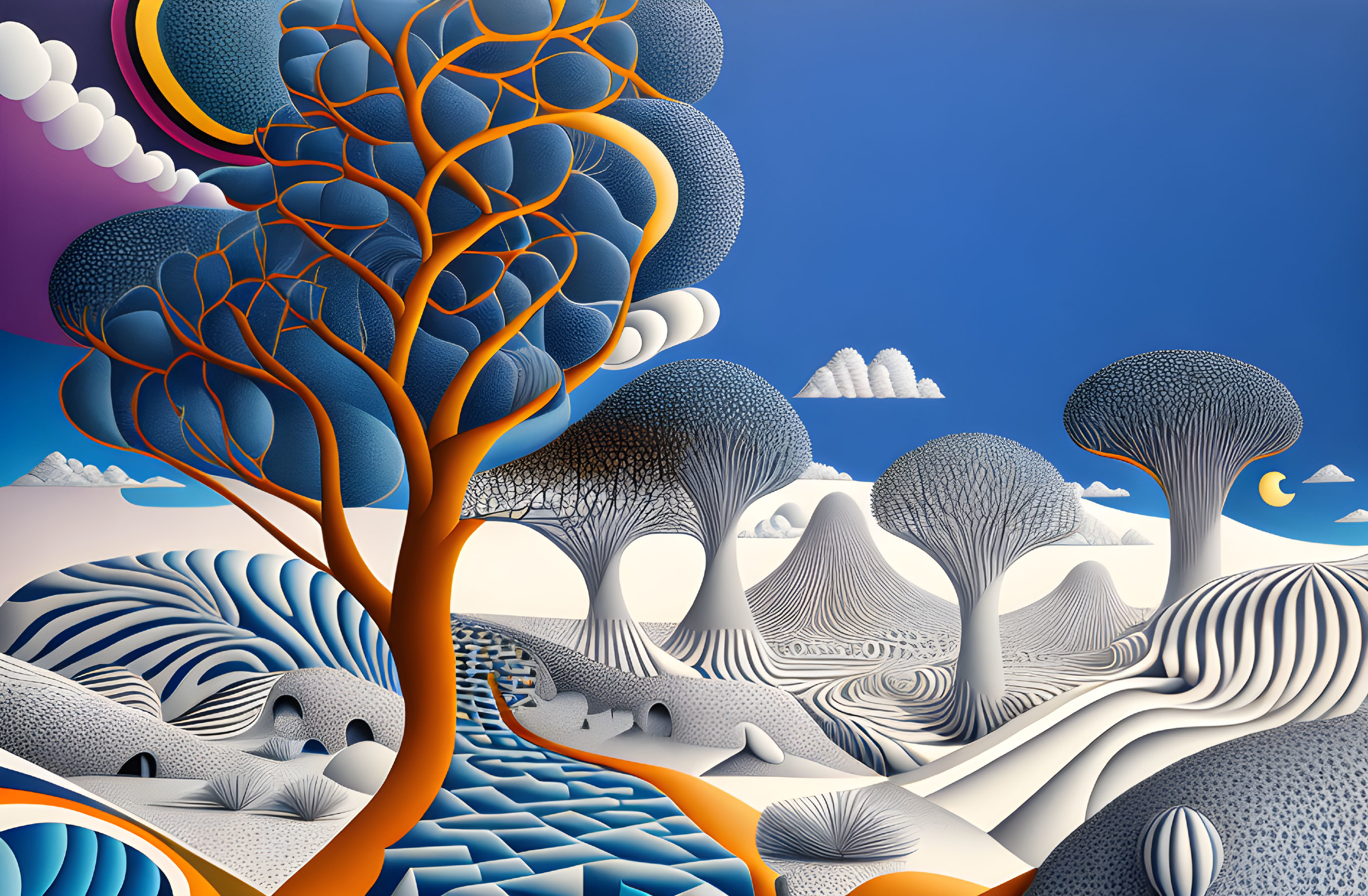 Surreal landscape with stylized trees and undulating hills in blue, white, and orange tones