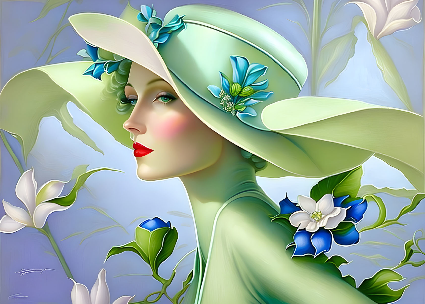 Illustration of woman in green hat with blue flowers, surrounded by white lilies on blue background