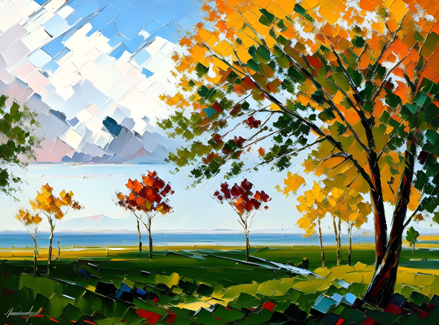 Vibrant autumn landscape with colorful impressionist style