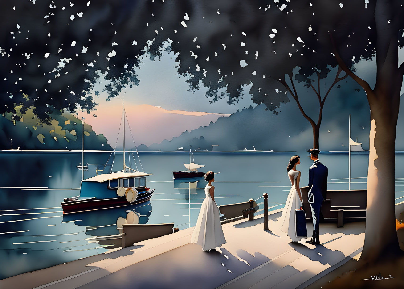 Stylized artwork of couple by lake at twilight