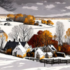 Snow-covered village with houses and trees in a bright winter sky