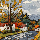 Rural autumn scene with colorful trees, white houses, red roofs, and railway under cloudy sky