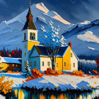 Snowy landscape with church, autumn trees, and mountain scenery.